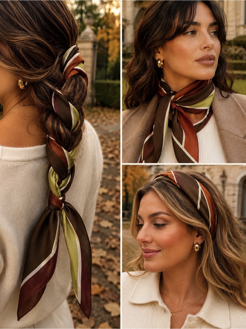 ZARA NWT 30% Silk Printed Skinny Scarf Brown Rust Olive Burgundy Old Money